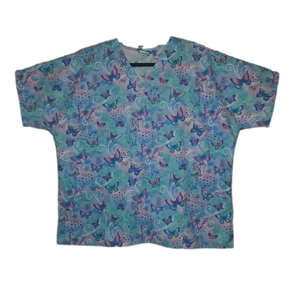 Scrub Top HQ Butterflies Womens XL Multi Colored Butterfly All-Over-Print Scrubs
